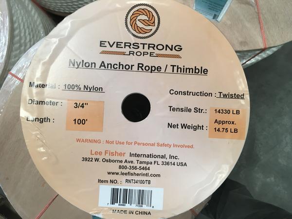 Nylon Twisted Anchor Rope 3/4" with stainless steel thimble in 100 ft, 200ft
